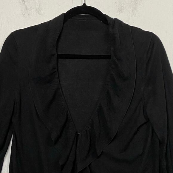 Women's Black Silk Cashmere Ruffle Front Whimsigoth Minimalist Cardigan Sweater - Picture 2 of 10